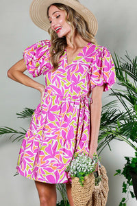 Magenta Multi Bubble Short Sleeve Printed Wrap Mini Dress