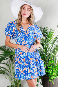 Blue Multi Bubble Short Sleeve Printed Wrap Mini Dress