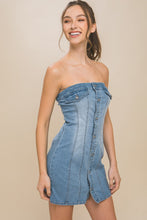 Lt.Blue Denim Tube Sleeveless Button Short Dress