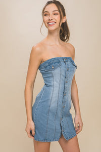 Lt.Blue Denim Tube Sleeveless Button Short Dress
