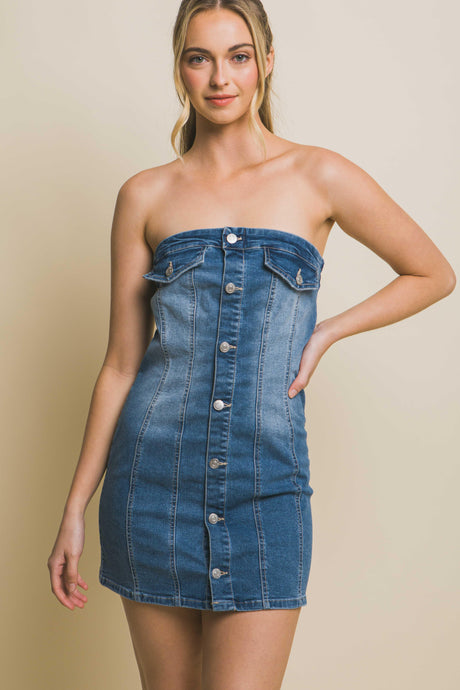Blue Denim Tube Sleeveless Button Short Dress