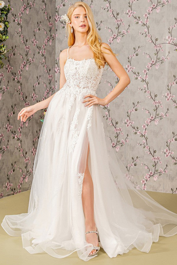 Ivory Embroidered Illusion Top A Line Wedding Gown