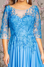 Perry Blue 3/4 Sleeve Illusion Top A Line Mob Dress