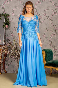 Perry Blue 3/4 Sleeve Illusion Top A Line Mob Dress