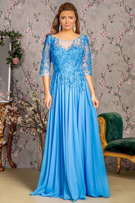 Perry Blue 3/4 Sleeve Illusion Top A Line Mob Dress