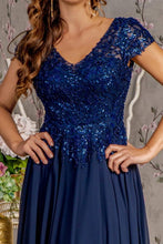 Navy Embroidery/Sequin Illusion V-Neck A Line Mob Dress
