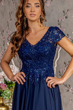 Navy Embroidery/Sequin Illusion V-Neck A Line Mob Dress