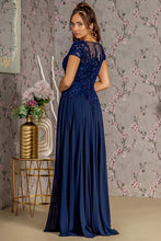 Navy Embroidery/Sequin Illusion V-Neck A Line Mob Dress