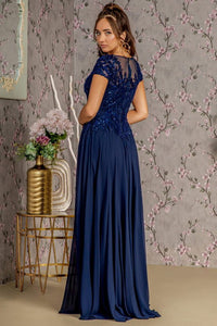 Navy Embroidery/Sequin Illusion V-Neck A Line Mob Dress