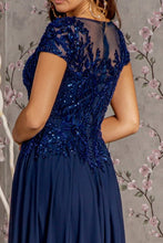 Navy Embroidery/Sequin Illusion V-Neck A Line Mob Dress
