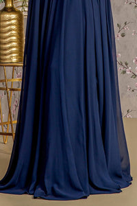 Navy Embroidery/Sequin Illusion V-Neck A Line Mob Dress