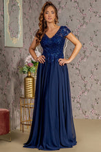 Navy Embroidery/Sequin Illusion V-Neck A Line Mob Dress