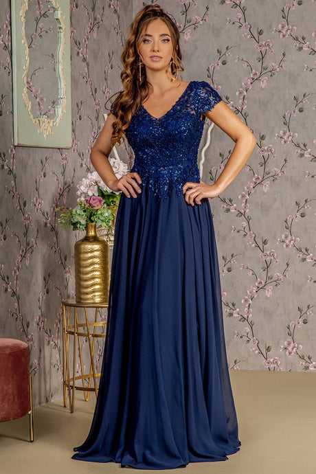 Navy Embroidery/Sequin Illusion V-Neck A Line Mob Dress