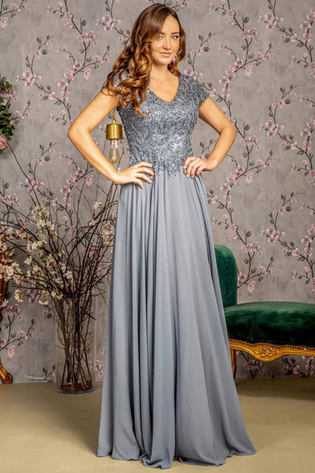 Charcoal Embroidery/Sequin Illusion V-Neck A Line Mob Dress