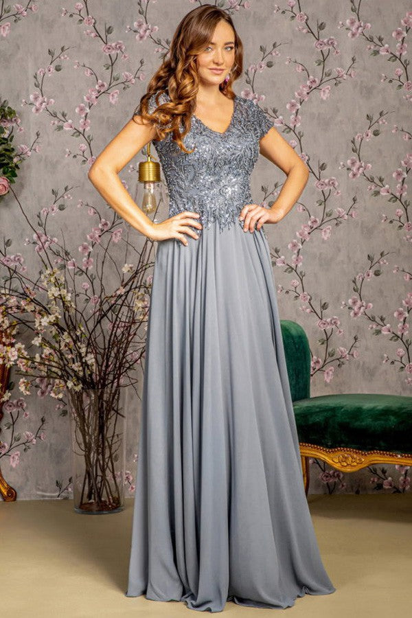 Charcoal Embroidery/Sequin Illusion V-Neck A Line Mob Dress