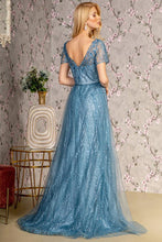 Smoky Blue Short Sleeve Glitter Print A Line Mob Dress