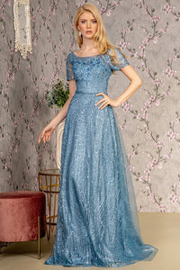 Smoky Blue Short Sleeve Glitter Print A Line Mob Dress