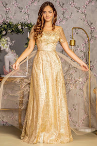 Gold Short Sleeve Glitter Print A Line Mob Dress