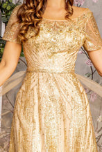 Gold Short Sleeve Glitter Print A Line Mob Dress