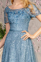 Smoky Blue Short Sleeve Glitter Print A Line Mob Dress
