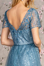 Smoky Blue Short Sleeve Glitter Print A Line Mob Dress