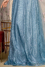 Smoky Blue Short Sleeve Glitter Print A Line Mob Dress