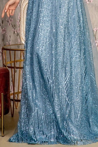 Smoky Blue Short Sleeve Glitter Print A Line Mob Dress