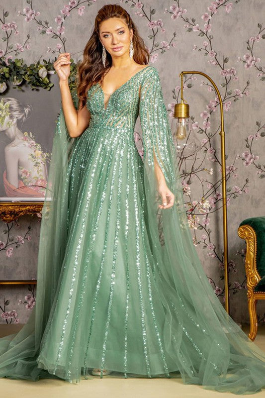 Sage Rain Sequin Deep V Neck Cape Sleeve A Line Mob DRE