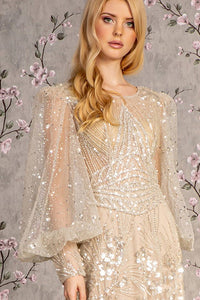 Taupe Beaded Long Puff Sleeve Sheath Dress