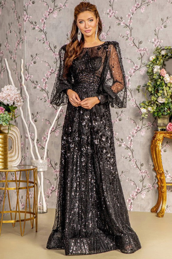 Black Beaded Long Puff Sleeve Sheath Dress