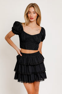 Black Puff Short Sleeve Corset Crop Top & Mini Skirt