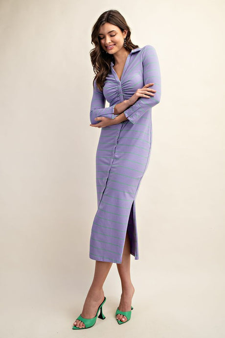 Lavender Fitted Long Sleeve Button Down Midi Dress