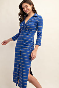 Blue Fitted Long Sleeve Button Down Midi Dress
