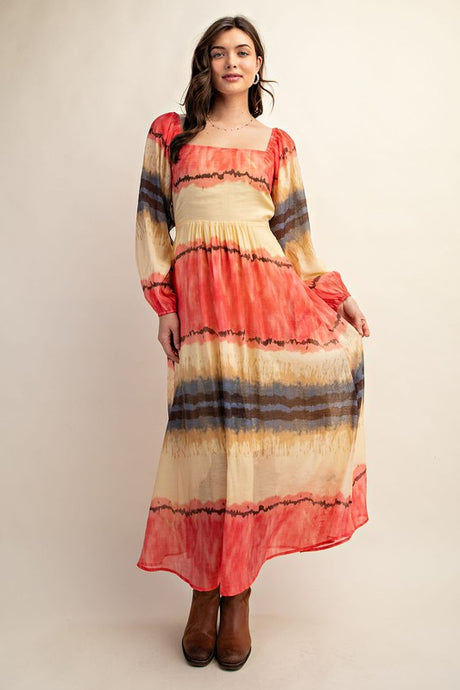 Fuchsia Tie Dye Square Neck Midi Dress