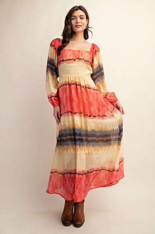 Fuchsia Tie Dye Square Neck Midi Dress