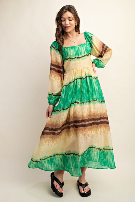 Green Tie Dye Square Neck Midi Dress