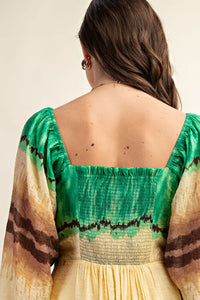 Green Tie Dye Square Neck Midi Dress