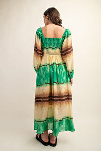 Green Tie Dye Square Neck Midi Dress