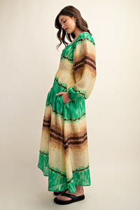 Green Tie Dye Square Neck Midi Dress
