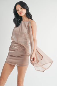 Rose Gold One Shoulder Glitter Dotted Mini Dress With Drape