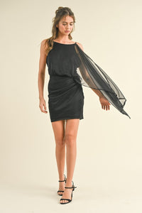 Black One Shoulder Glitter Dotted Mini Dress With Drape