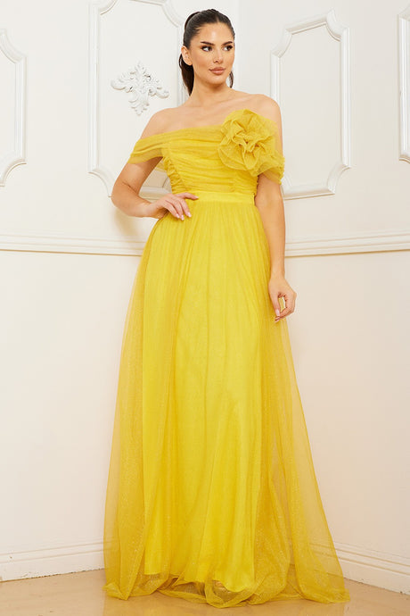 Yellow Glitter Mesh Tube Top Maxi Dress