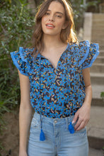 Blue Lace Detailed Double Ruffle Sleeve Print Top