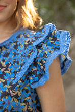 Blue Lace Detailed Double Ruffle Sleeve Print Top