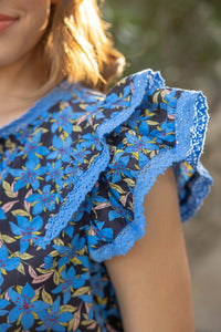 Blue Lace Detailed Double Ruffle Sleeve Print Top