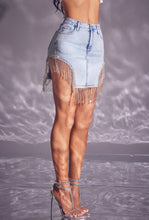 Light Wash Rhinestone Mini Skirt