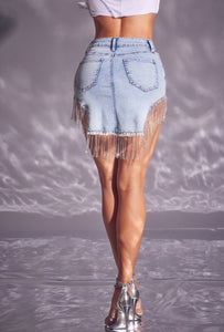 Light Wash Rhinestone Mini Skirt