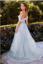 Dusty Blue Off The Shoulder Floral Applique Ball Gown