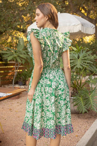 Green Print Mix Match Tassel Detailed Tiered Midi Dress