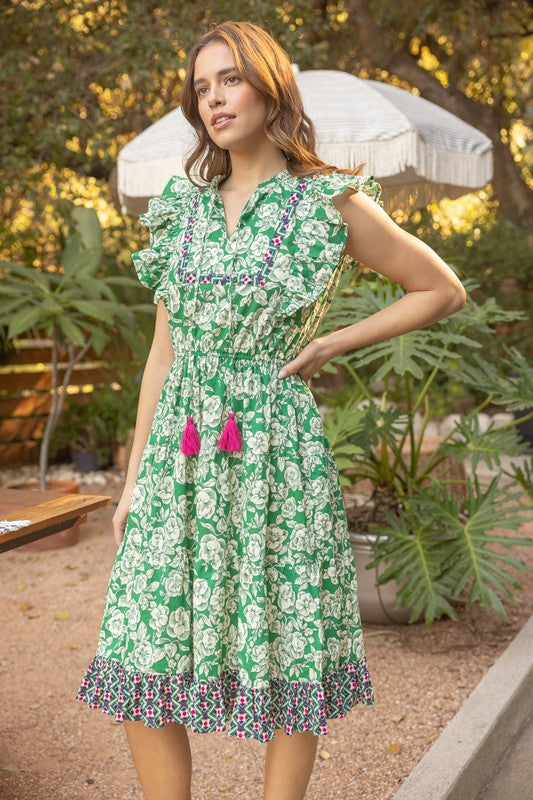 Green Print Mix Match Tassel Detailed Tiered Midi Dress
